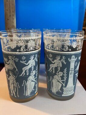 4 Vtg Jeannette Corinthian Blue Tumbler Highball Glasses Greek Figure 5"